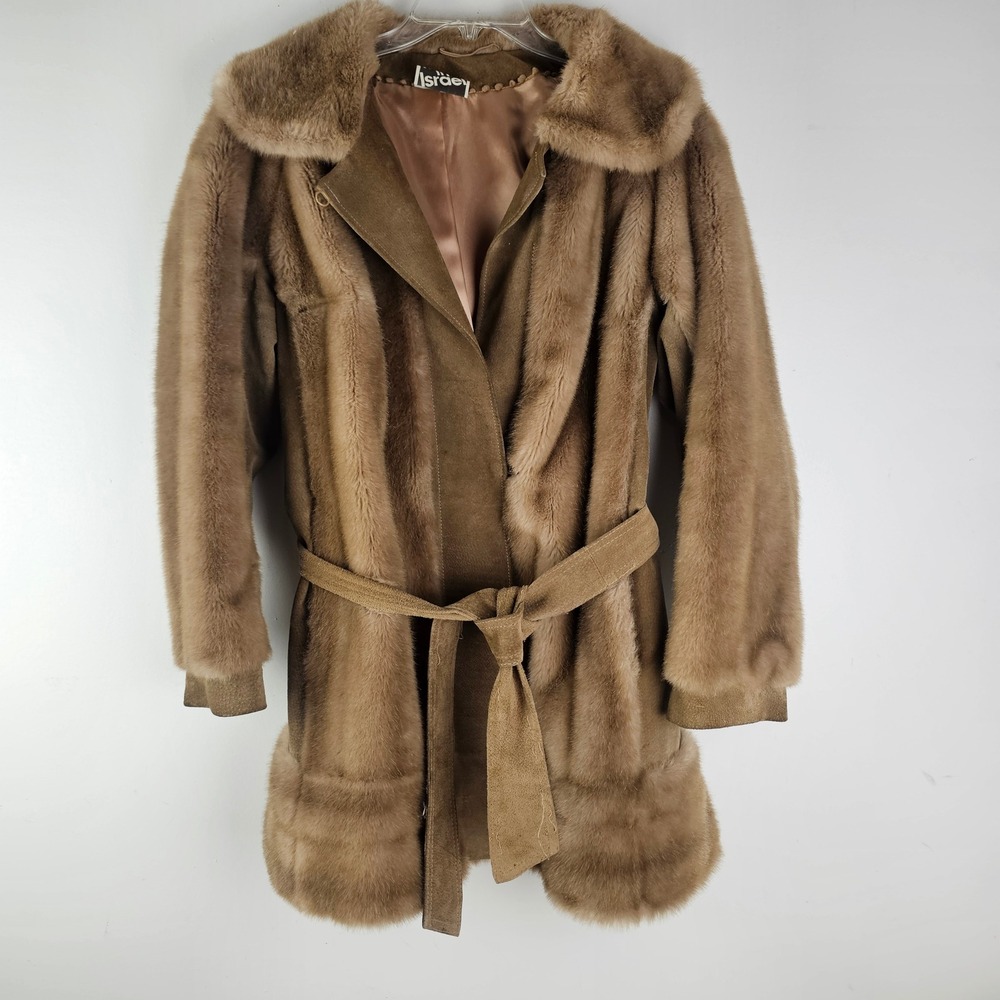 Lilli Ann Vintage Israel Faux Fur Coat Brown Suede Trim Belted Wrap Jacket 14